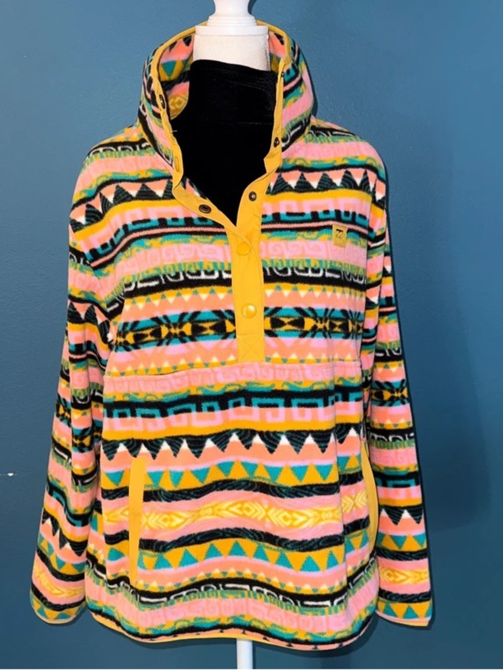 Colorful Aztec-Print Snap Pullover with Yellow Trim